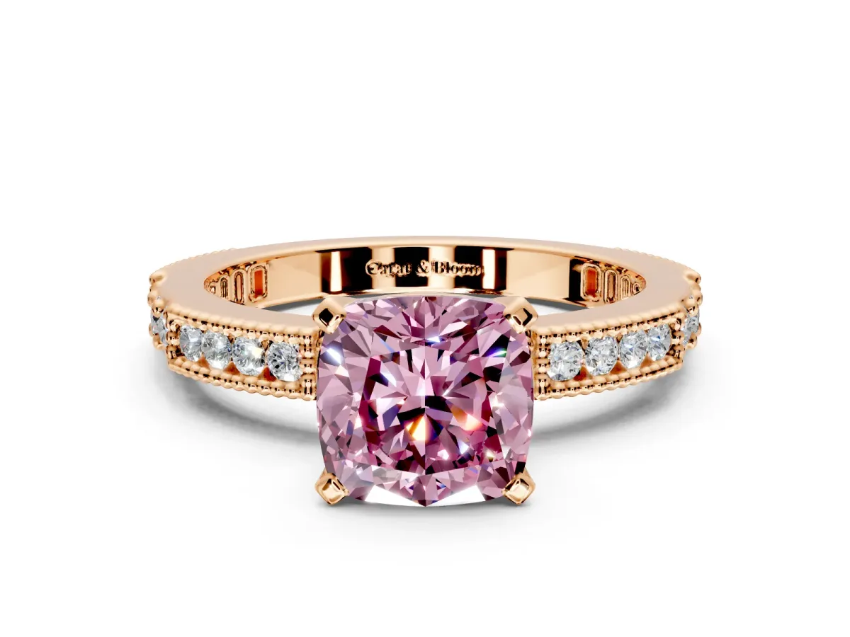 Solitaire Engagement Ring Setting for Fancy Pink Cushion Cut Center with Milgrain-Edged Pave Band and Prong Head in Rose Gold
