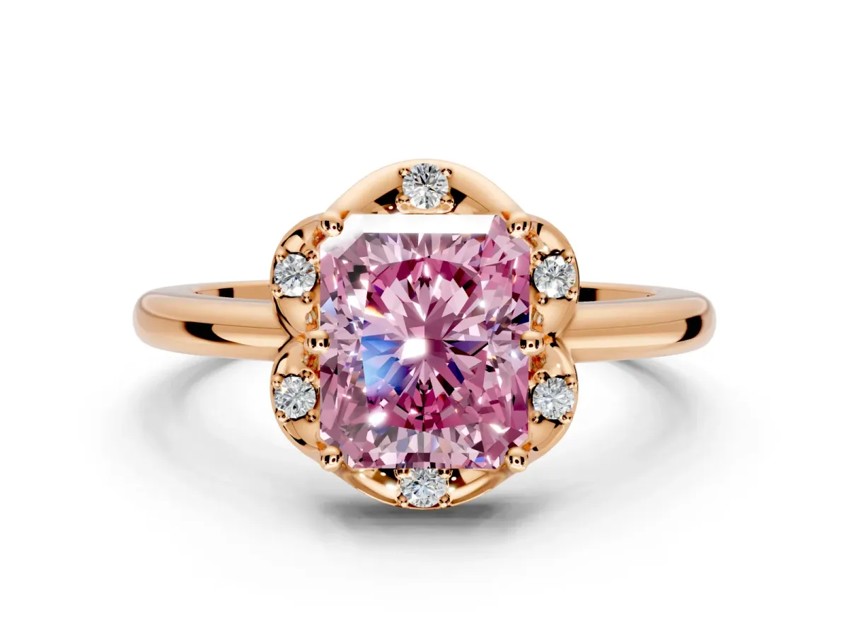 Floral Frame Engagement Ring Setting for Fancy Pink Radiant Cut Center with Accent Clusters and Prong Head in Rose Gold