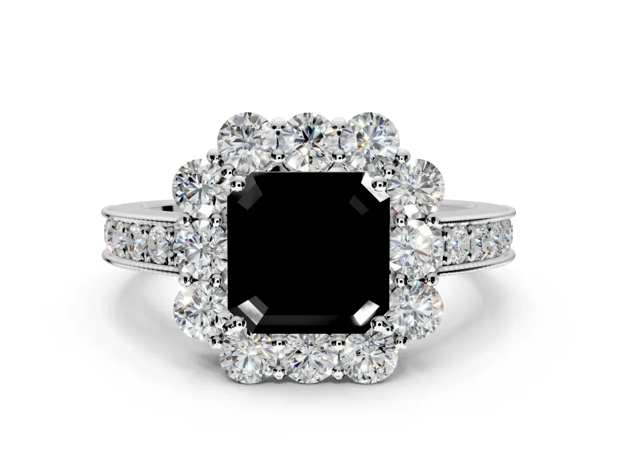 Halo Engagement Ring Setting for Fancy Black Asscher Cut Center with Milgrain Channel Band and Prong Head in White Gold