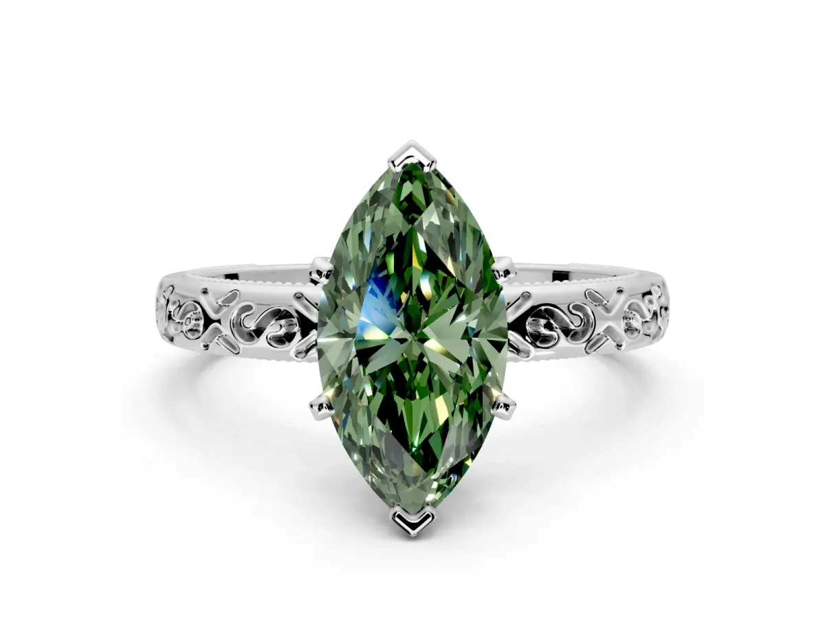 Solitaire Engagement Ring Setting for Fancy Green Marquise Center with Scrollwork Band and Prong Head in Sterling Silver