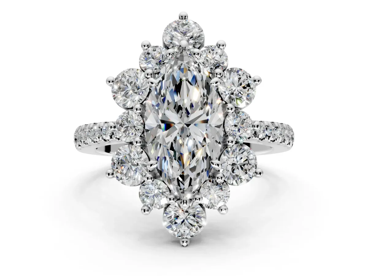 Floral Halo Engagement Ring Setting for Marquise Center with Pave Accents and Prong Head in Platinum
