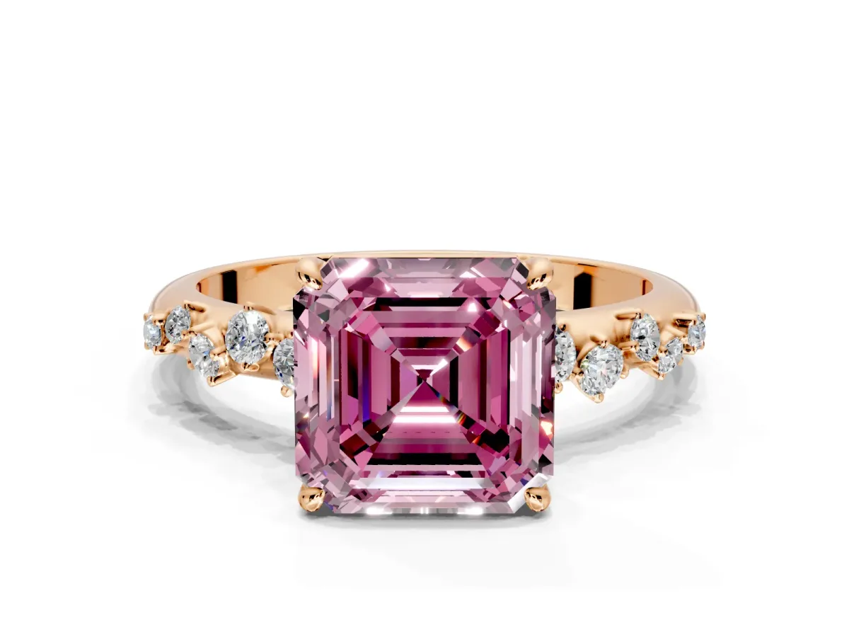 Cluster Engagement Ring Setting for Fancy Pink Asscher Cut Center with Round Cut Accent Band and Prong Head in Rose Gold