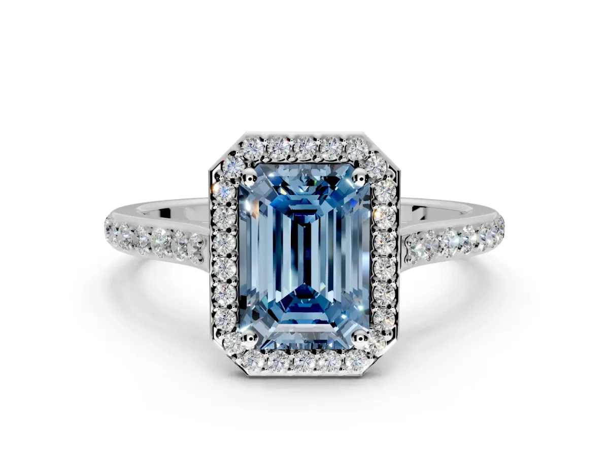 Halo Engagement Ring Setting for Fancy Blue Emerald Cut Center with Pave Accents, Heart Basket and Prong Head in Platinum