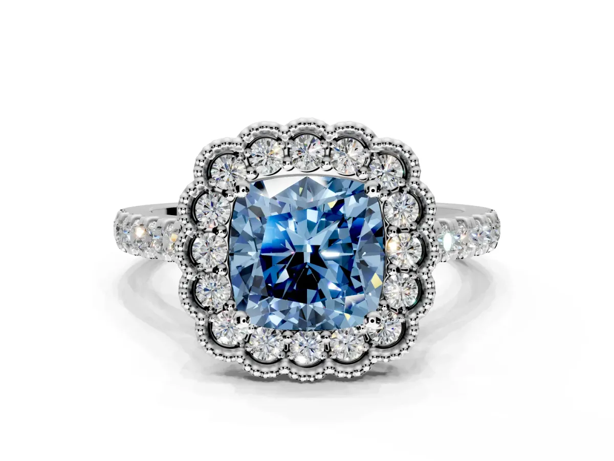 Milgrain Floral Halo Engagement Ring Setting for Fancy Blue Cushion Cut Center with Pave Band and Prong Head in Sterling Silver