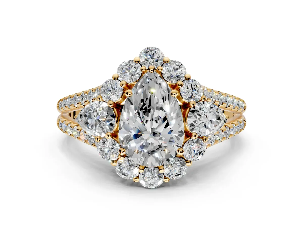 Halo Engagement Ring Setting for Pear-Shaped Center with Two-Strand Split Shank and Prong Head in Yellow Gold