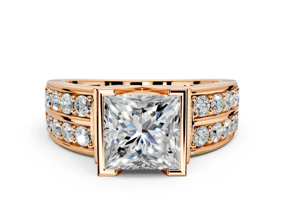 Bezel Engagement Ring Setting for Princess Cut Center with Wide Channel-Set Band and Bezel Head in Rose Gold