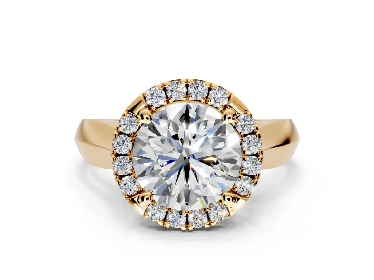 Halo Engagement Ring Setting for Round Cut Center with Square Band and Prong Head in Yellow Gold
