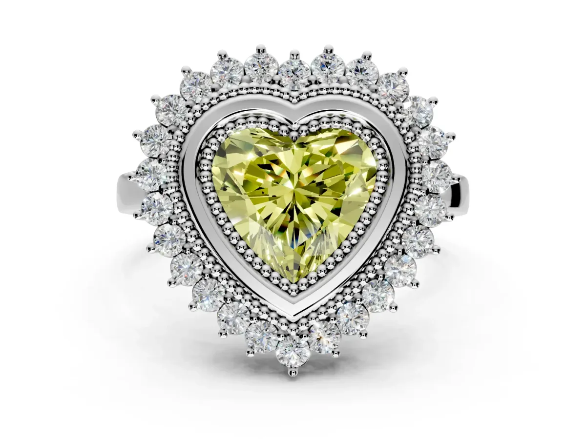 Halo Engagement Ring Setting for Fancy Yellow Heart-Shaped Center with Milgrain Bezel Rim, Plain Band and Prong Head in Sterling Silver