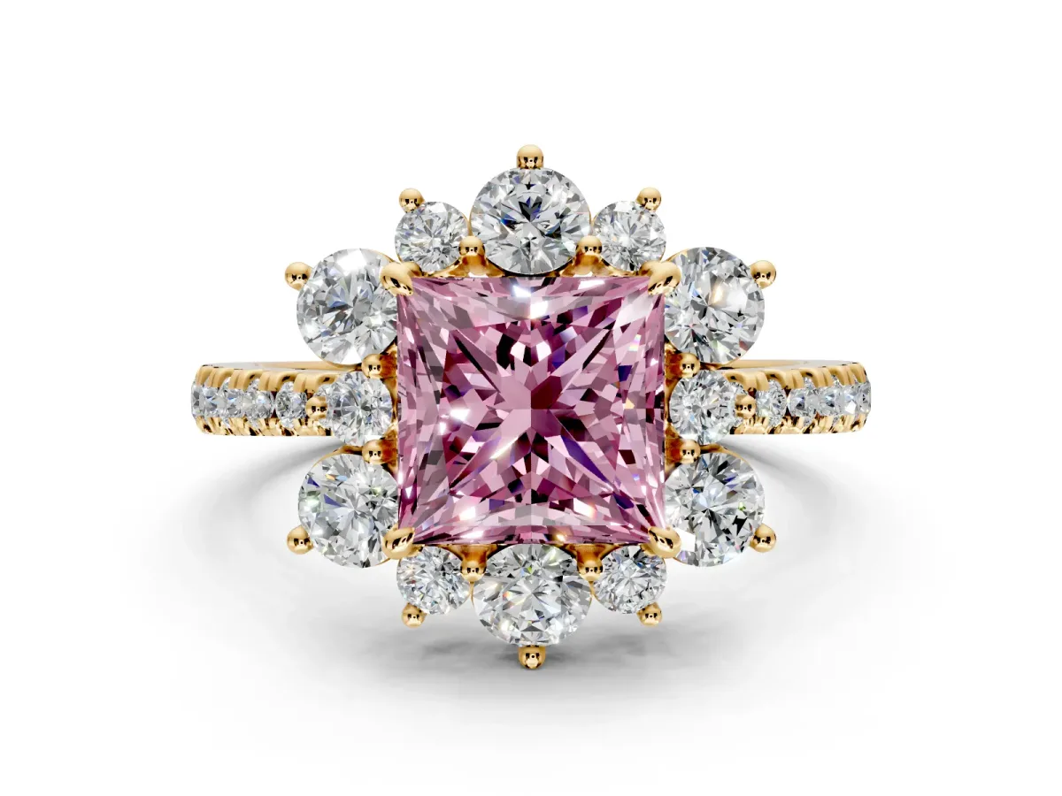 Floral Halo Engagement Ring Setting for Fancy Pink Princess Cut Center with Pave Accents and Prong Head in Yellow Gold
