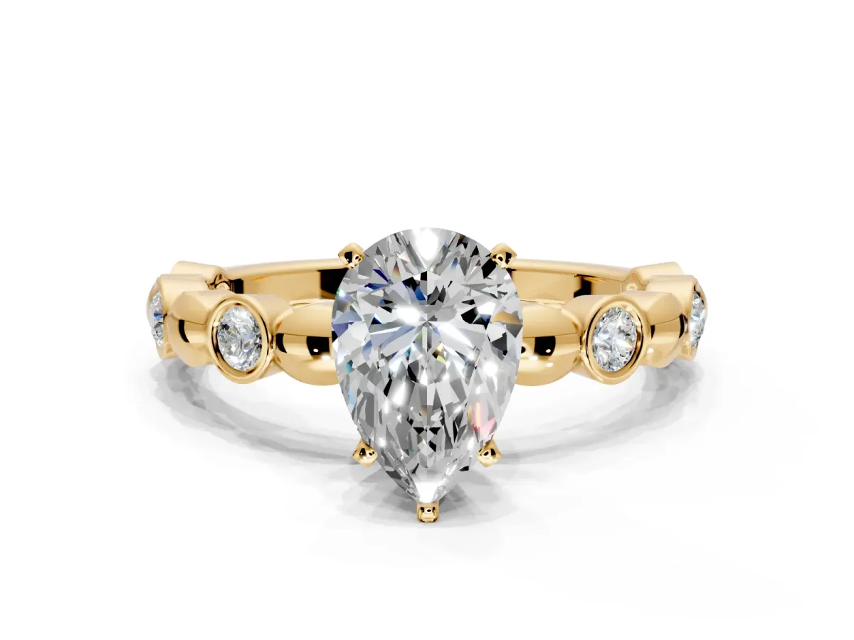 Solitaire Engagement Ring Setting for Pear-Shaped Center with Beaded Bezel Station Band and Prong Head in Yellow Gold