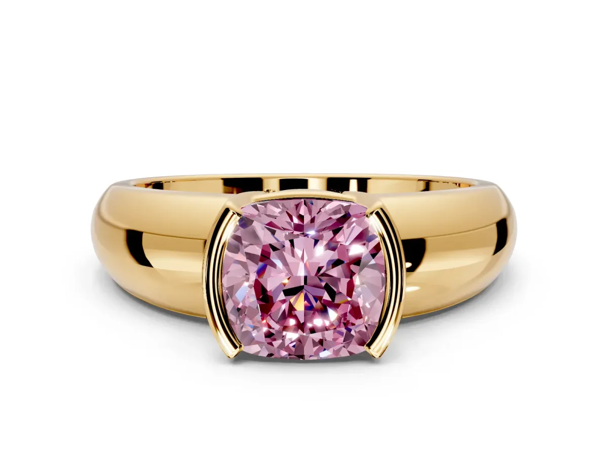 Tension Engagement Ring Setting for Fancy Pink Cushion Cut Center with Wide Flat Band and Tension Head in Yellow Gold
