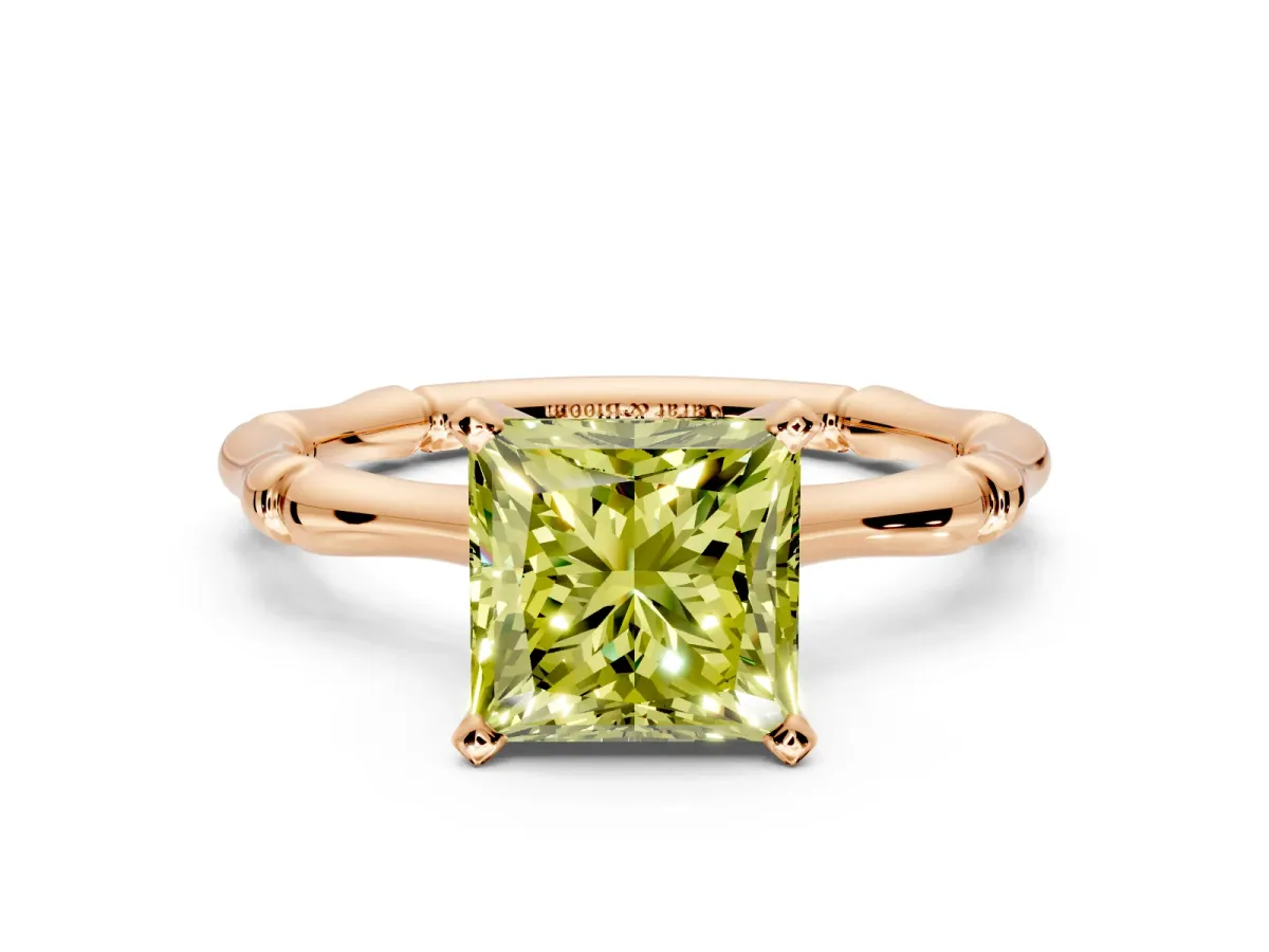 Solitaire Engagement Ring Setting for Fancy Yellow Princess Cut Center with Bamboo Band and Prong Head in Rose Gold