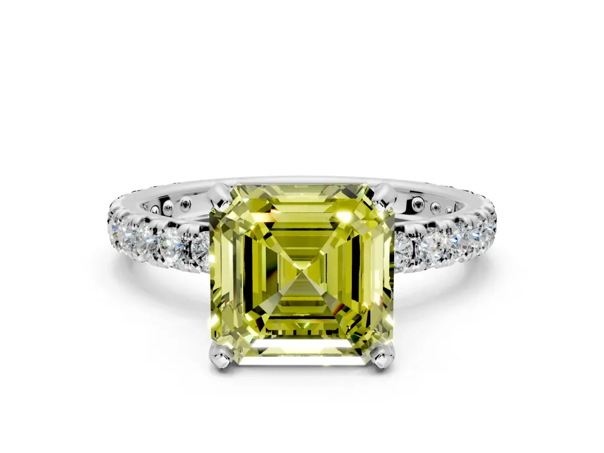 Solitaire Engagement Ring Setting for Fancy Yellow Asscher Cut Center with Shared-Prong Accents and Prong Head in Platinum