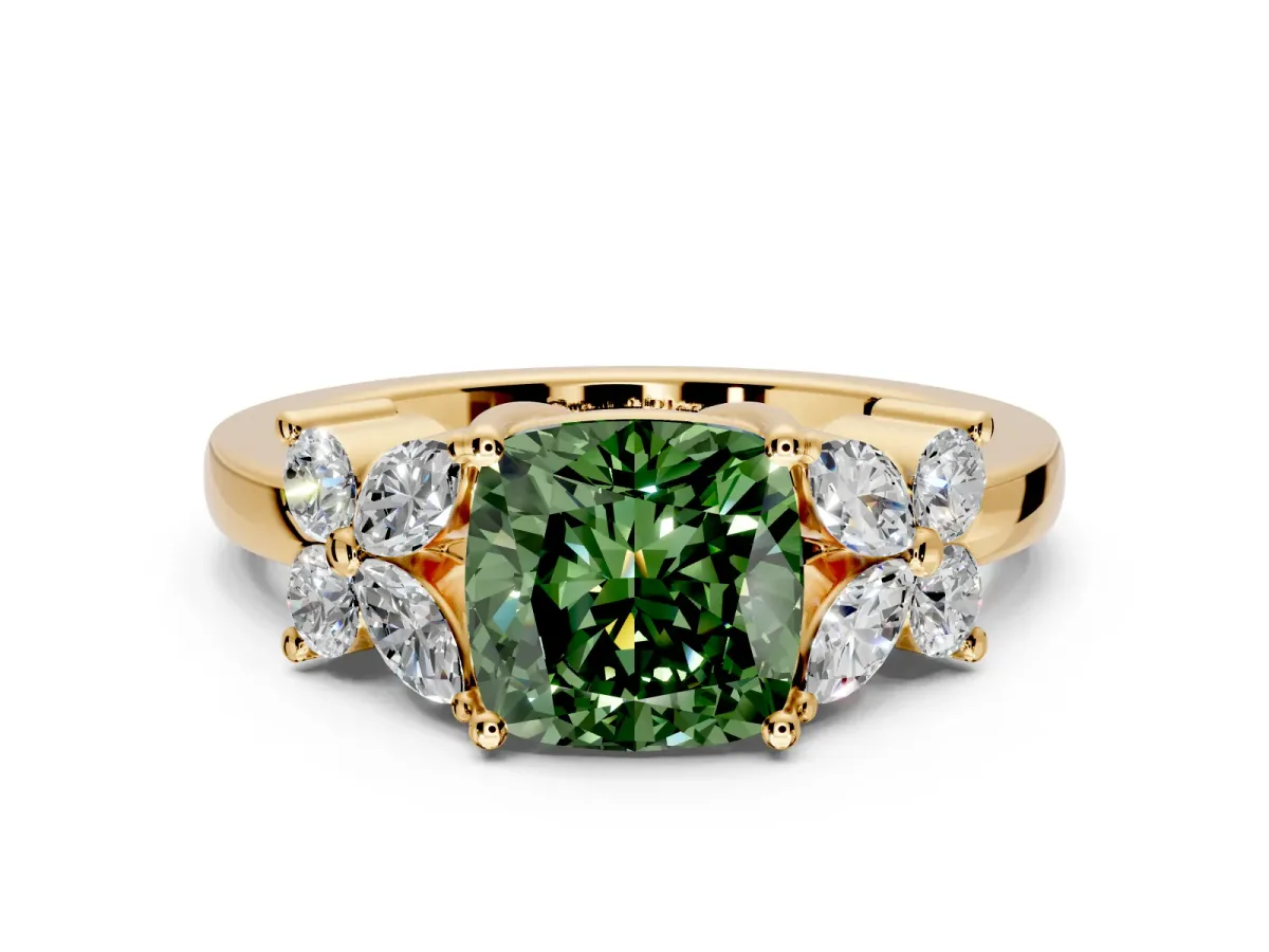 Floral Engagement Ring Setting for Fancy Green Cushion Cut Center with Marquise Cluster Shoulders and Prong Head in Yellow Gold