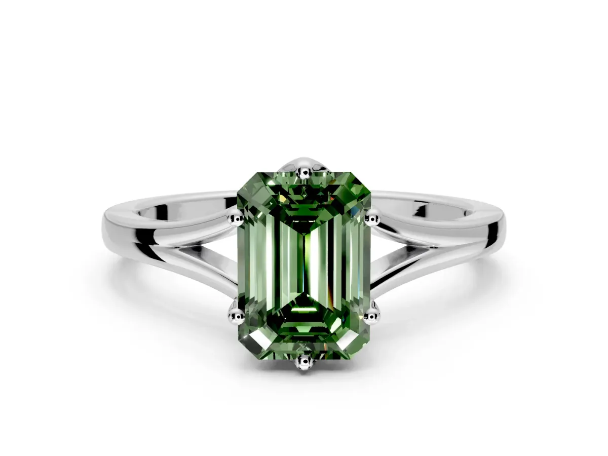 Solitaire Engagement Ring Setting for Fancy Green Emerald Cut Center with Plain Split Shank and Prong Head in Sterling Silver