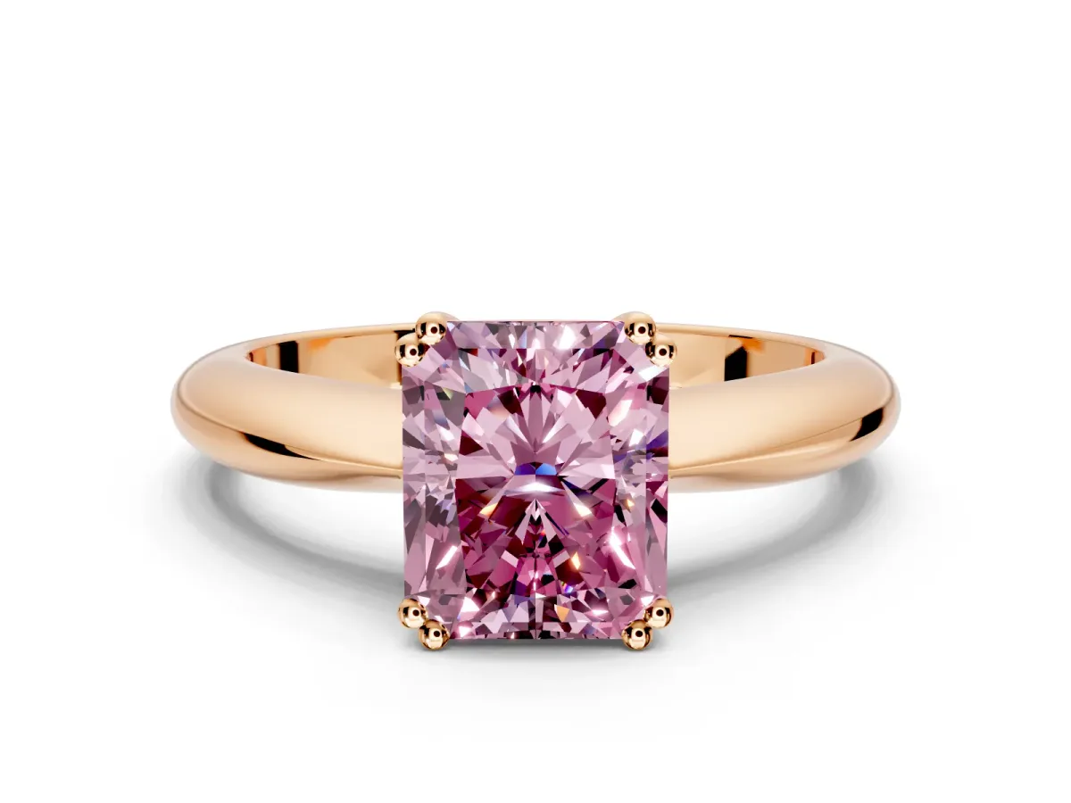 Solitaire Engagement Ring Setting for Fancy Pink Radiant Cut Center with Reverse Tapered Band and Prong Head in Rose Gold