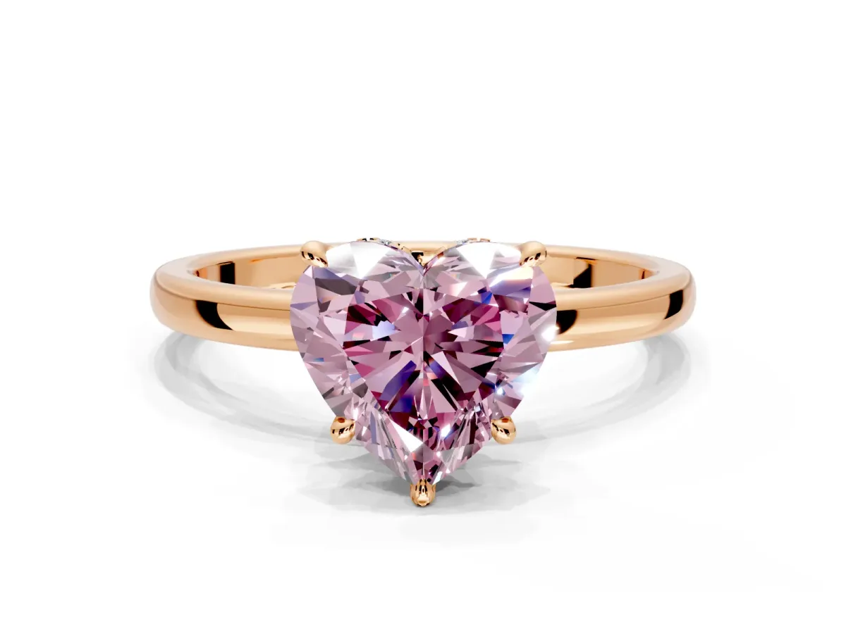 Hidden Halo Engagement Ring Setting for Fancy Pink Heart-Shaped Center with Plain Band and Tall Prong Head in Rose Gold