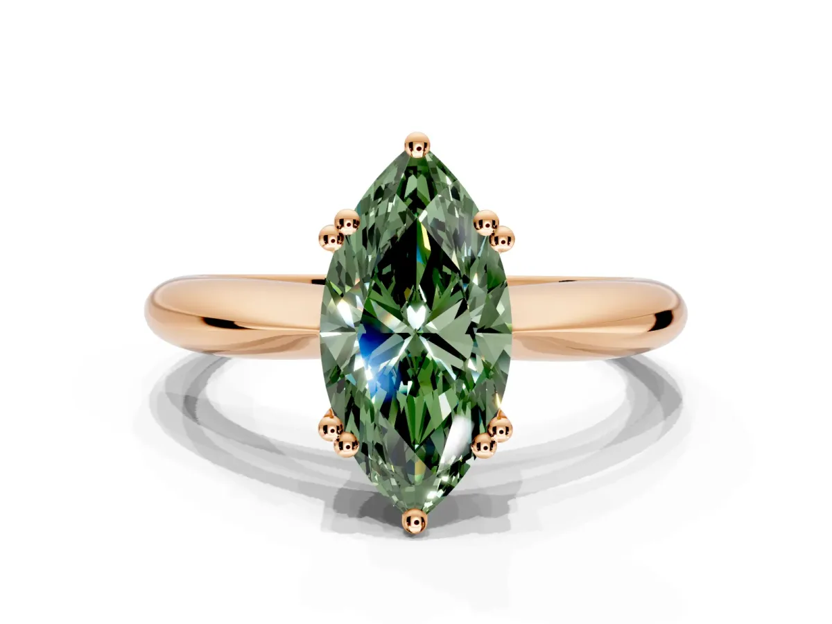 Solitaire Engagement Ring Setting for Fancy Green Marquise Center with Reverse Tapered Band and Prong Head in Rose Gold