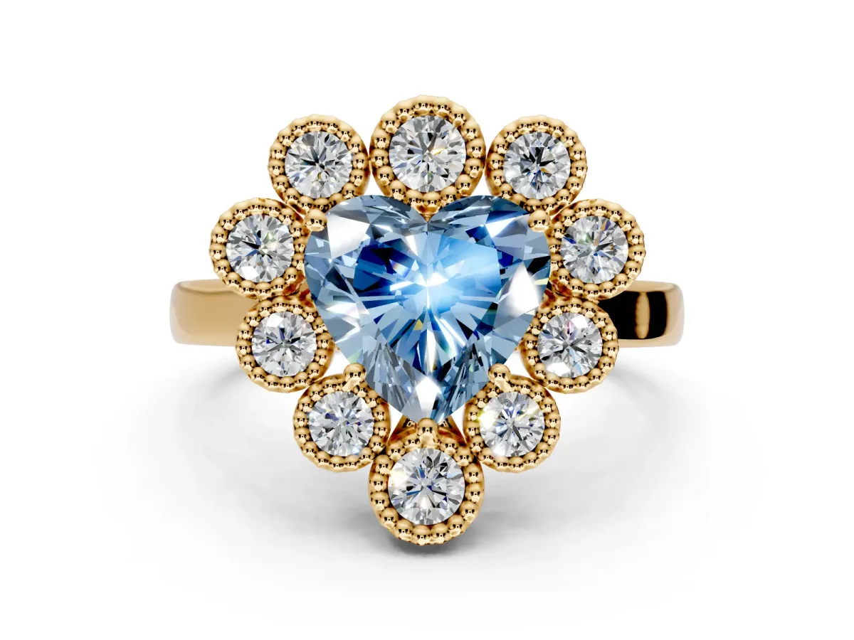 Cluster Halo Engagement Ring Setting for Fancy Blue Heart-Shaped Center with Milgrain Bezel Accents and Prong Head in Yellow Gold