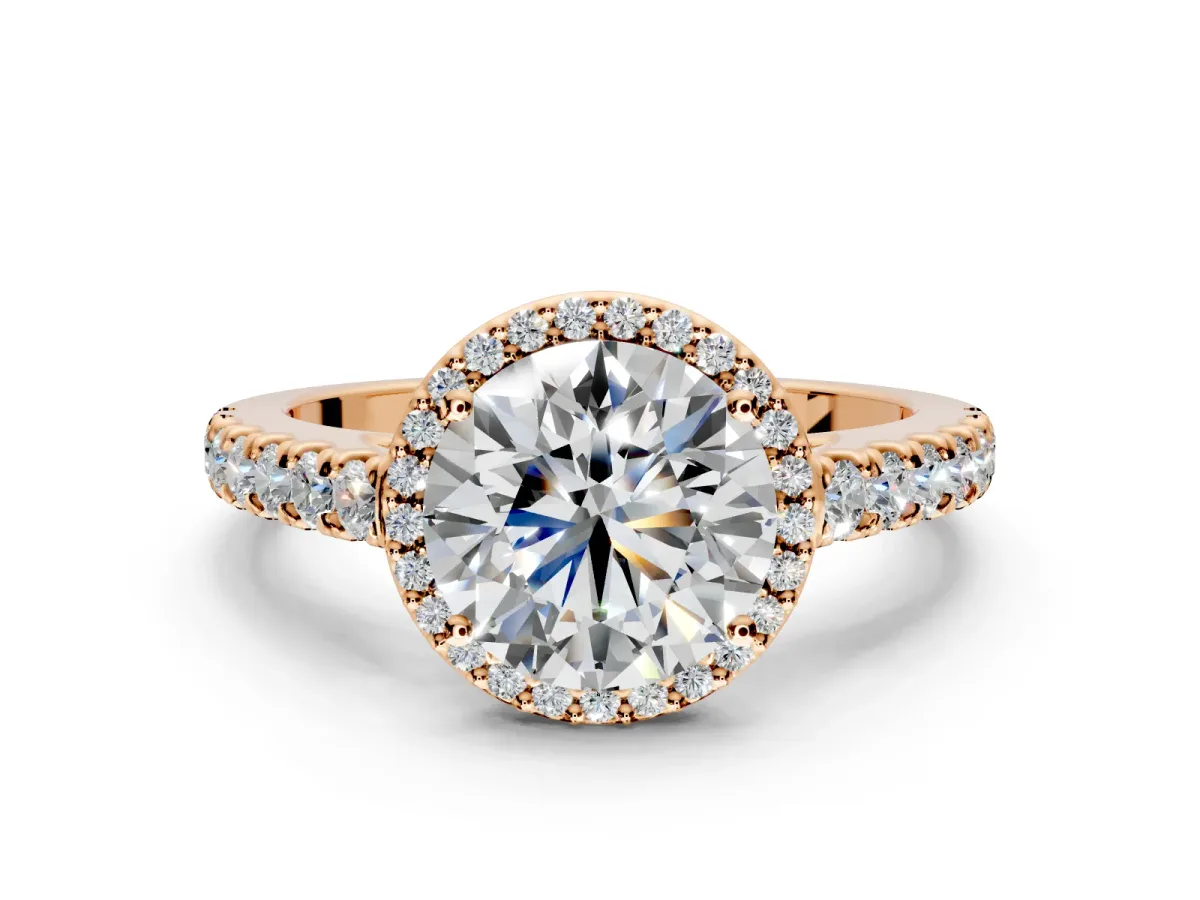 Halo Engagement Ring Setting for Round Cut Center with Full Pave Band and Prong Head in Rose Gold