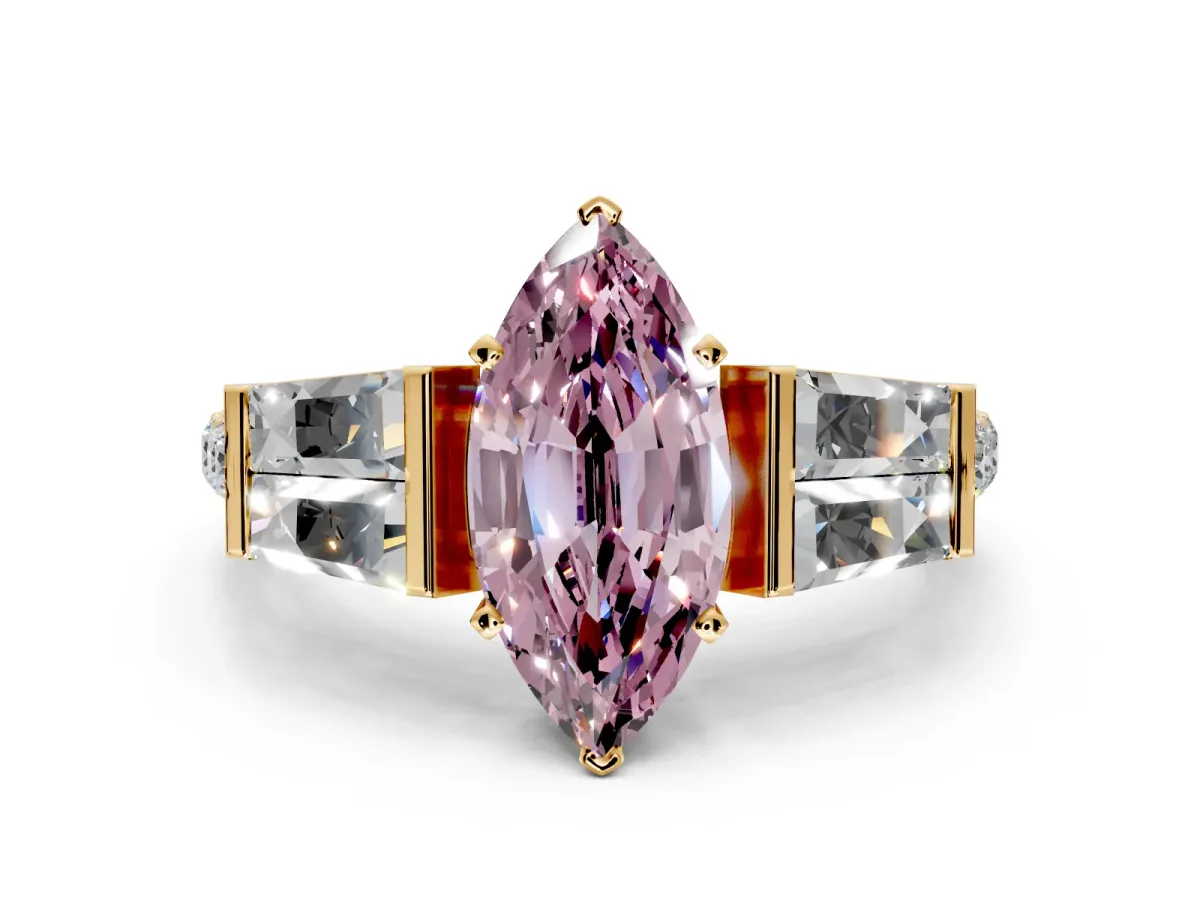 Channel-Set Engagement Ring Setting for Fancy Pink Marquise Center with Baguette Band and Prong Head in Yellow Gold