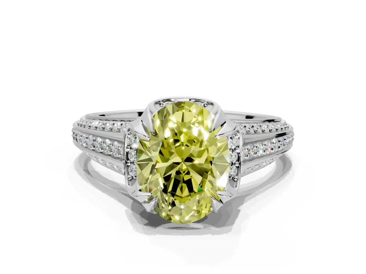 Solitaire Engagement Ring Setting for Fancy Yellow Oval Center with Accented Split Shank and Prong Head in Platinum
