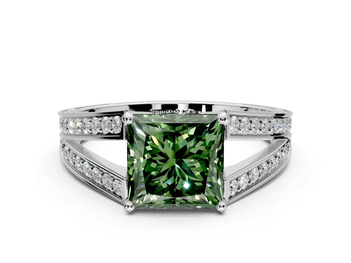 Split Shank Engagement Ring Setting for Fancy Green Princess Cut Center with Pave Split Shank and Prong Head in Platinum