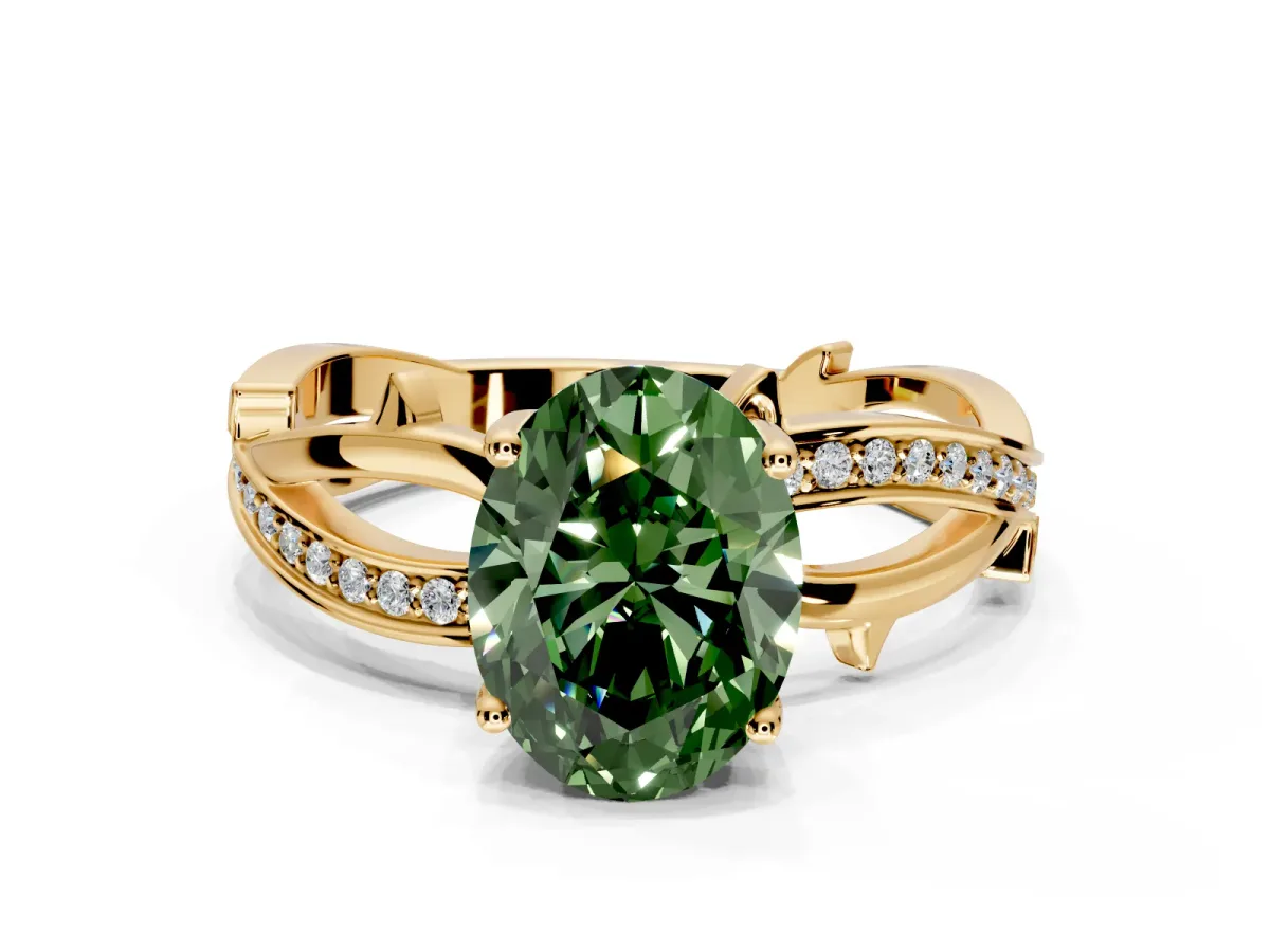 Solitaire Engagement Ring Setting for Fancy Green Oval Center with Pave and Plain Crossover Band and Prong Head in Yellow Gold