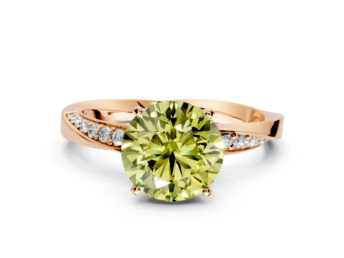 Side Accent Engagement Ring Setting for Fancy Yellow Round Cut Center with Accent Shoulders and Prong Head in Rose Gold