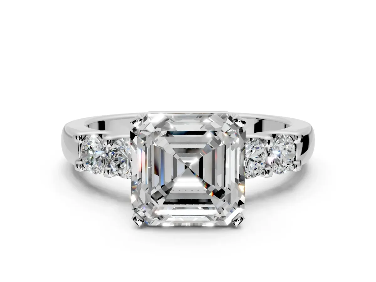 5 Stone Engagement Ring Setting for Asscher Cut Center with Plain Band and Prong Head in Sterling Silver