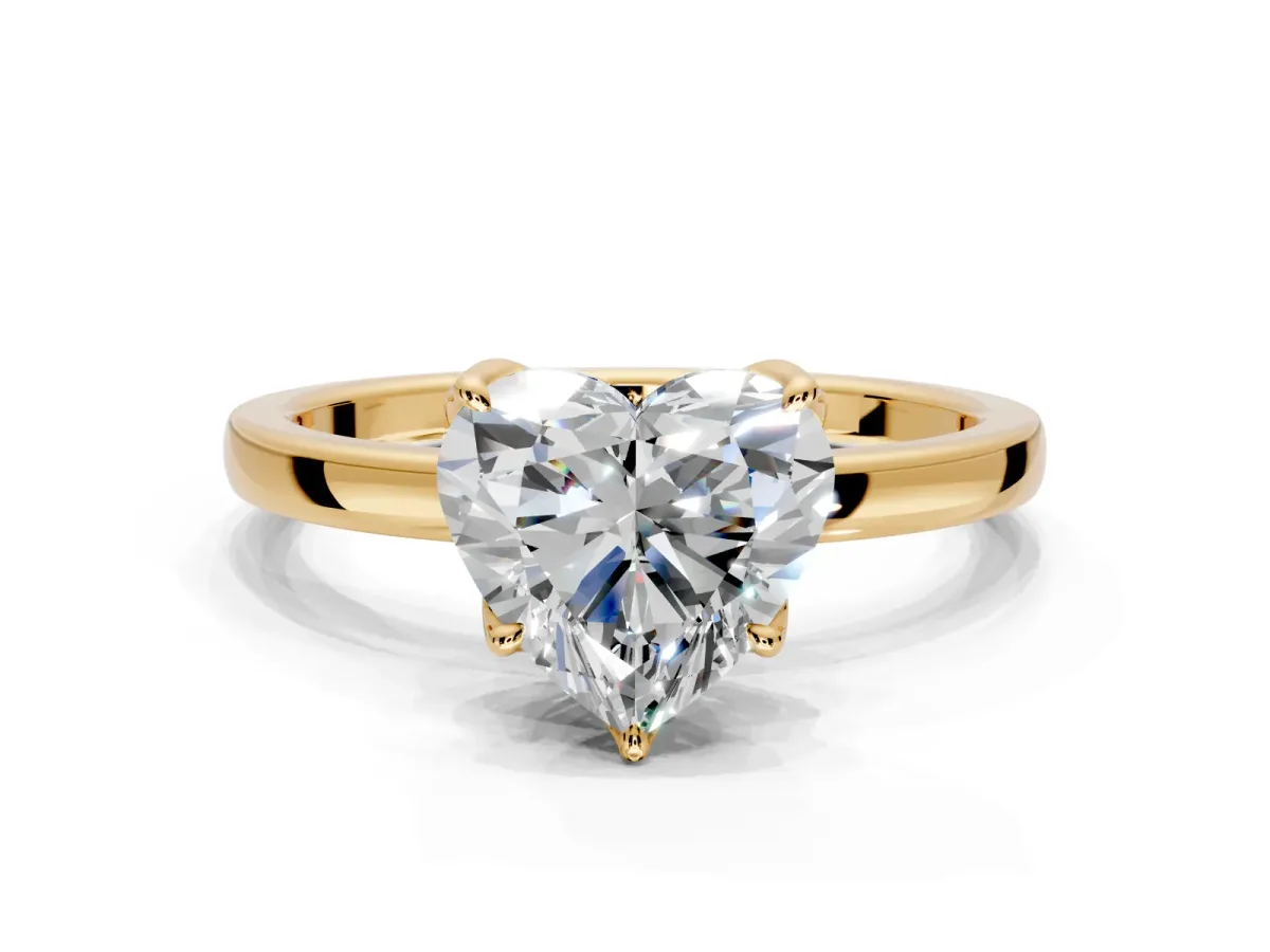 Solitaire Engagement Ring Setting for Heart-Shaped Center with Thin Rounded Plain Band and Prong Head in Yellow Gold
