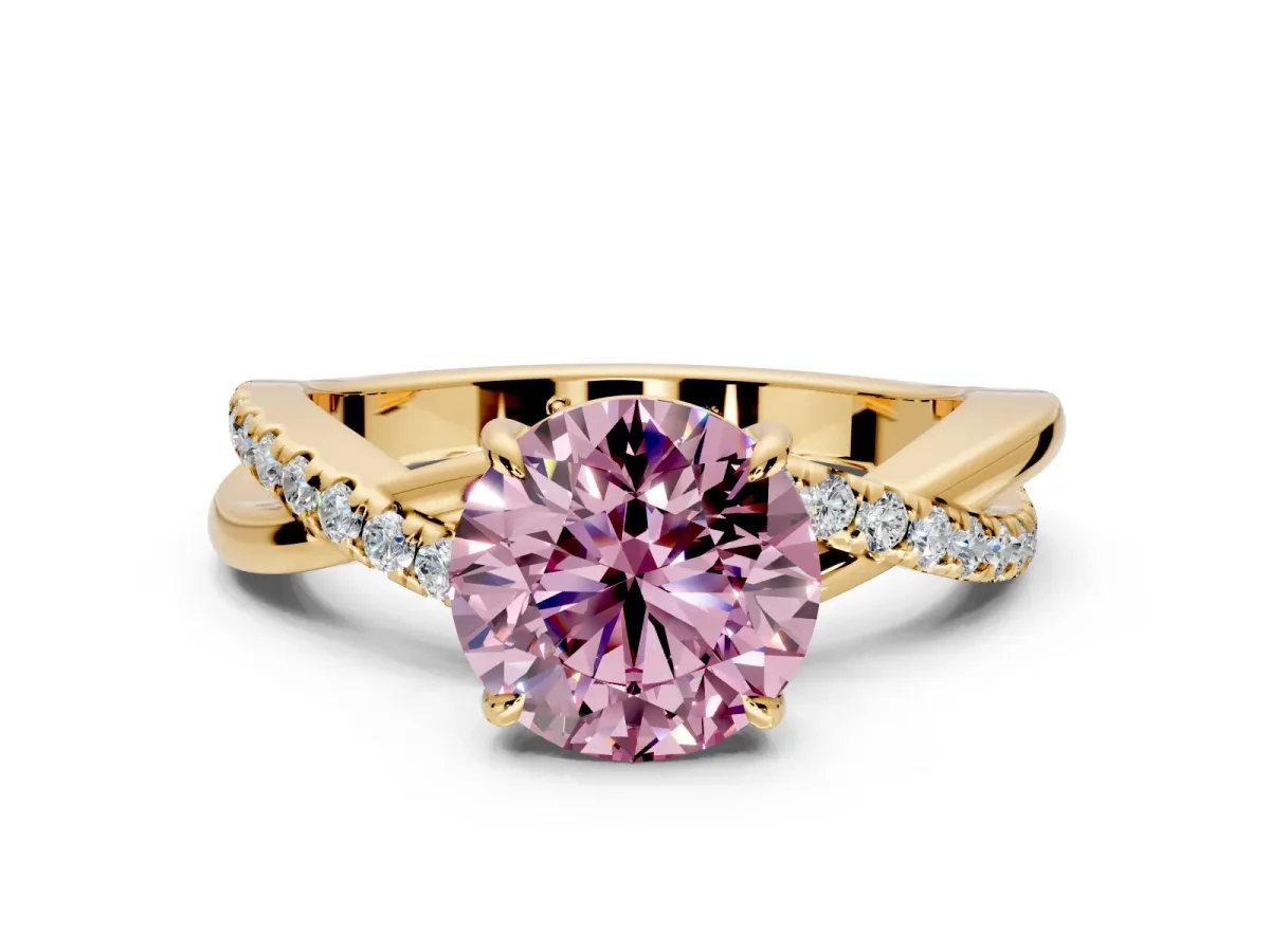 Crossover Engagement Ring Setting for Fancy Pink Round Cut Center with Pave and Plain Strands and Prong Head in Yellow Gold