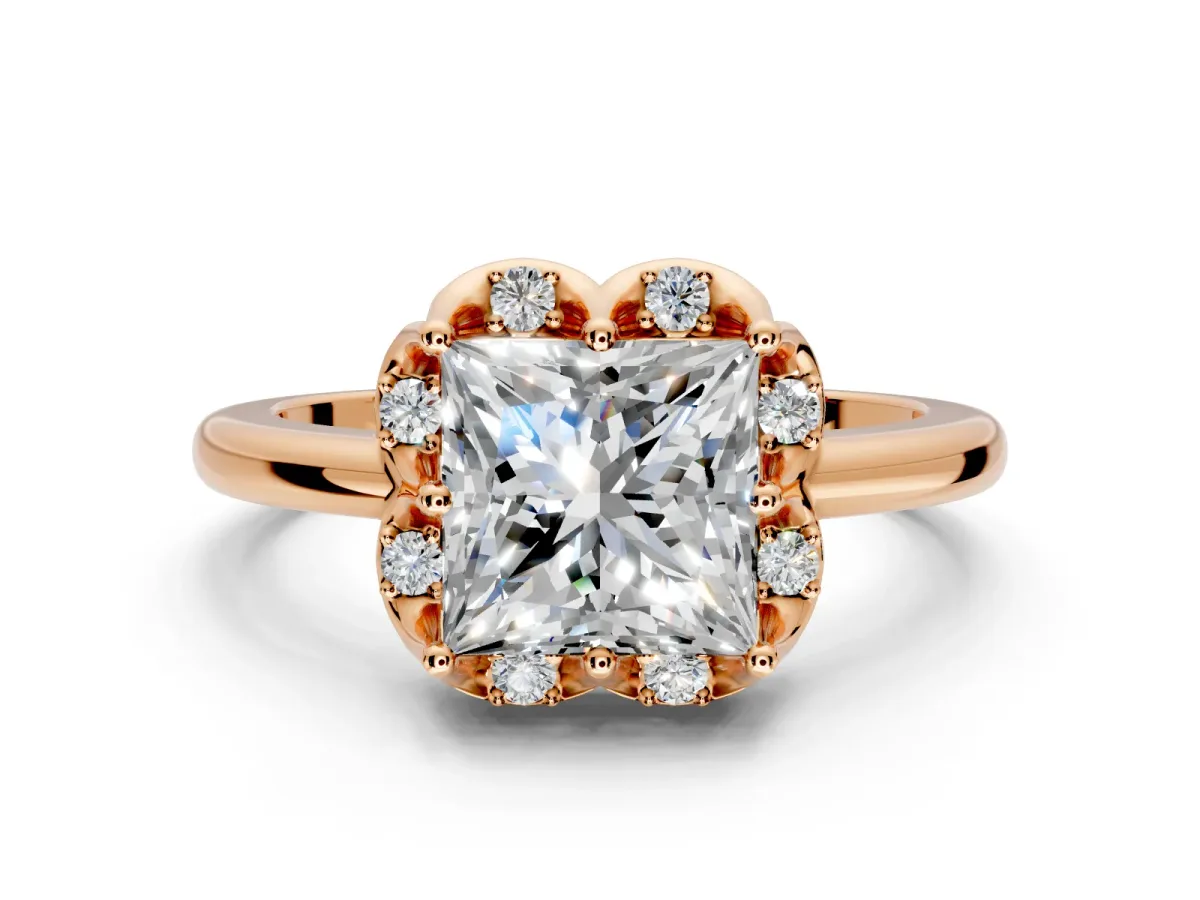 Floral Frame Engagement Ring Setting for Princess Cut Center with Accent Clusters and Prong Head in Rose Gold