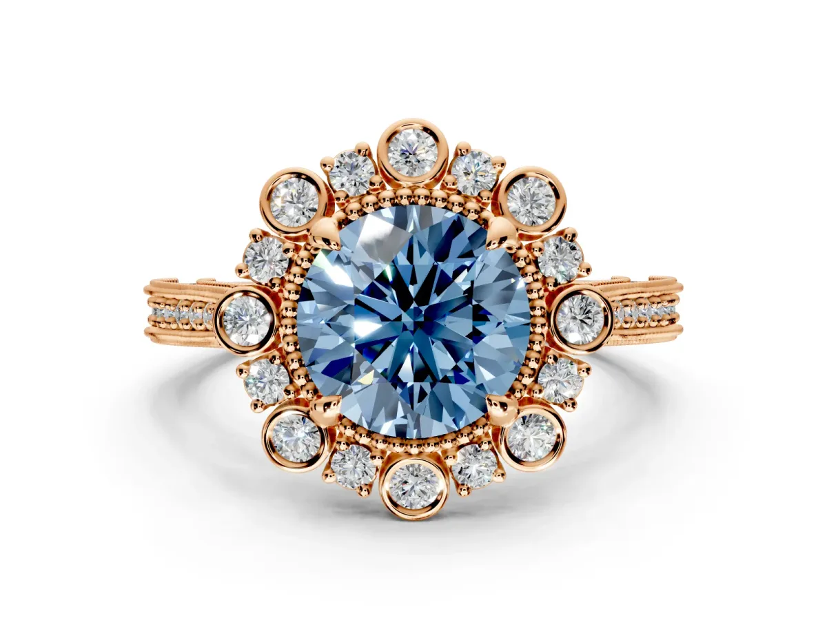 Milgrain Halo Engagement Ring Setting for Fancy Blue Round Cut Center with Bezel Point Accents and Prong Head in Rose Gold