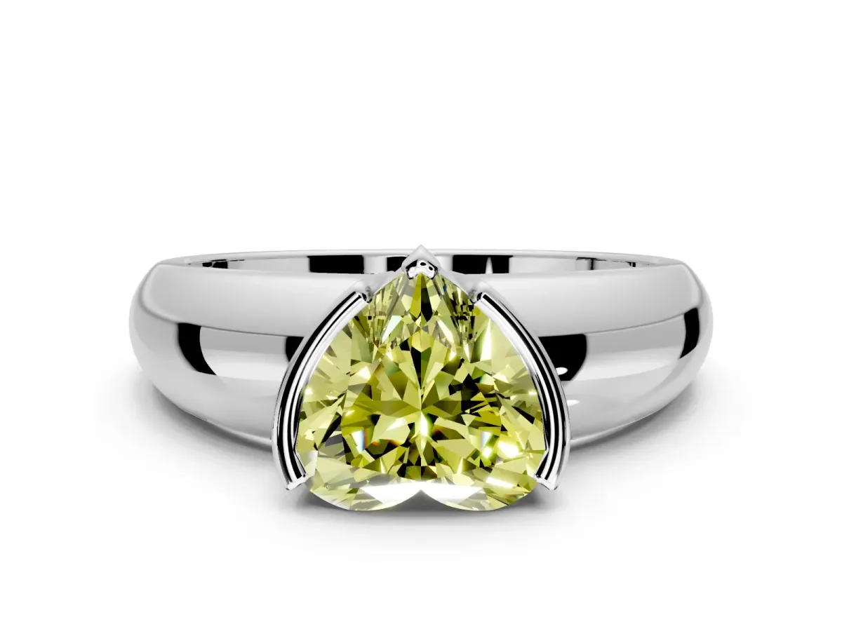 Tension Engagement Ring Setting for Fancy Yellow Heart-Shaped Center with Wide Flat Band and Tension Head in White Gold