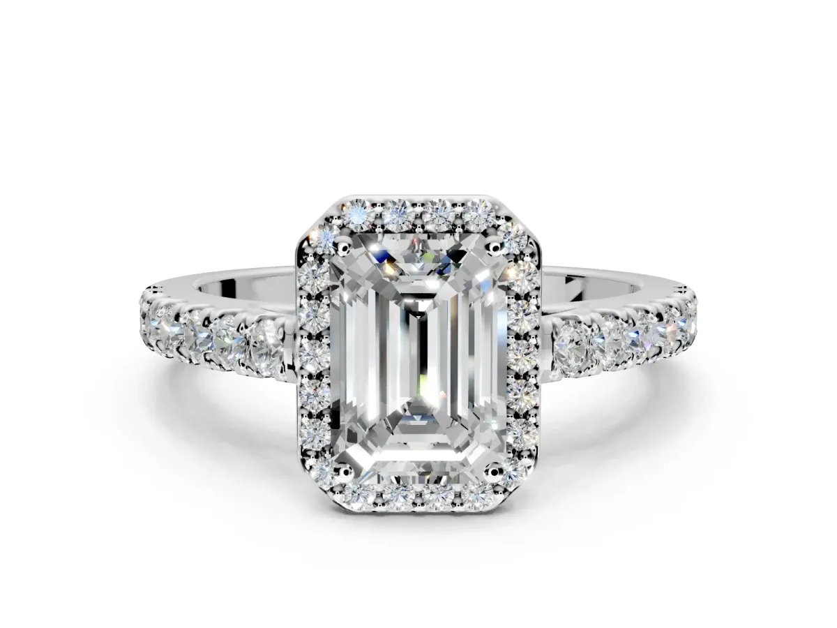 Halo Engagement Ring Setting for Emerald Cut Center with Full Pave Band and Prong Head in White Gold