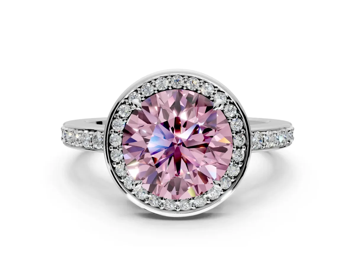 Halo Engagement Ring Setting for Fancy Pink Round Cut Center with Metal-Rimmed Halo, Pave Band and Prong Head in Platinum