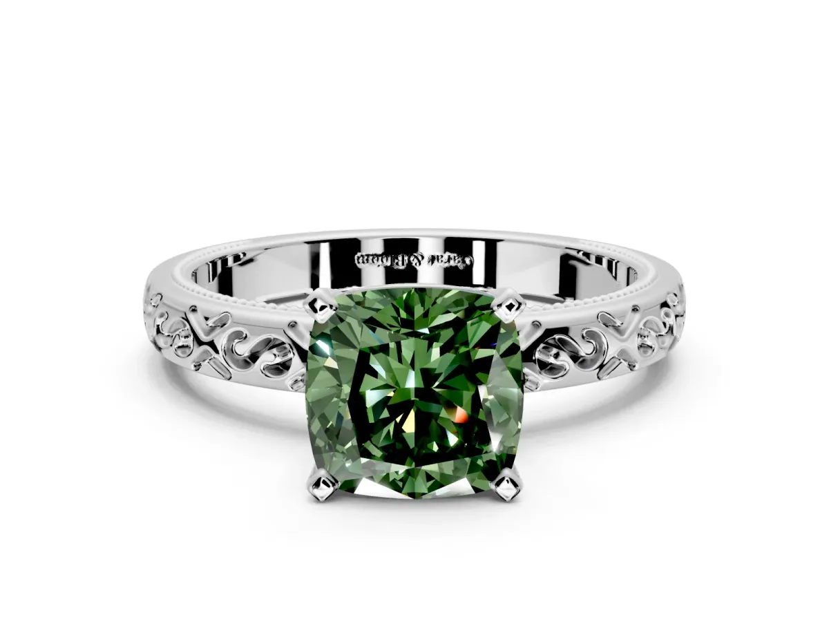 Solitaire Engagement Ring Setting for Fancy Green Cushion Cut Center with Scrollwork Band and Prong Head in Platinum