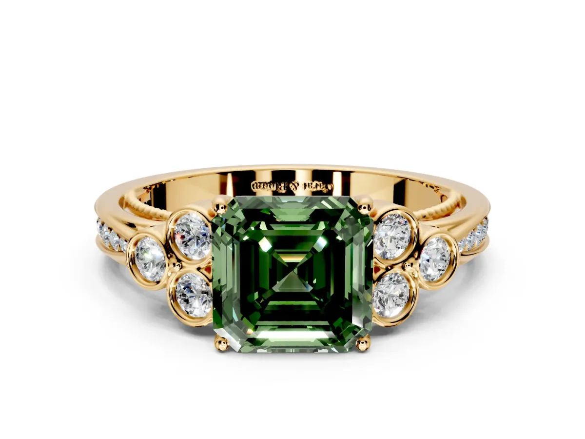 Cluster Engagement Ring Setting for Fancy Green Asscher Cut Center with Bezel Accent Clusters and Prong Head in Yellow Gold