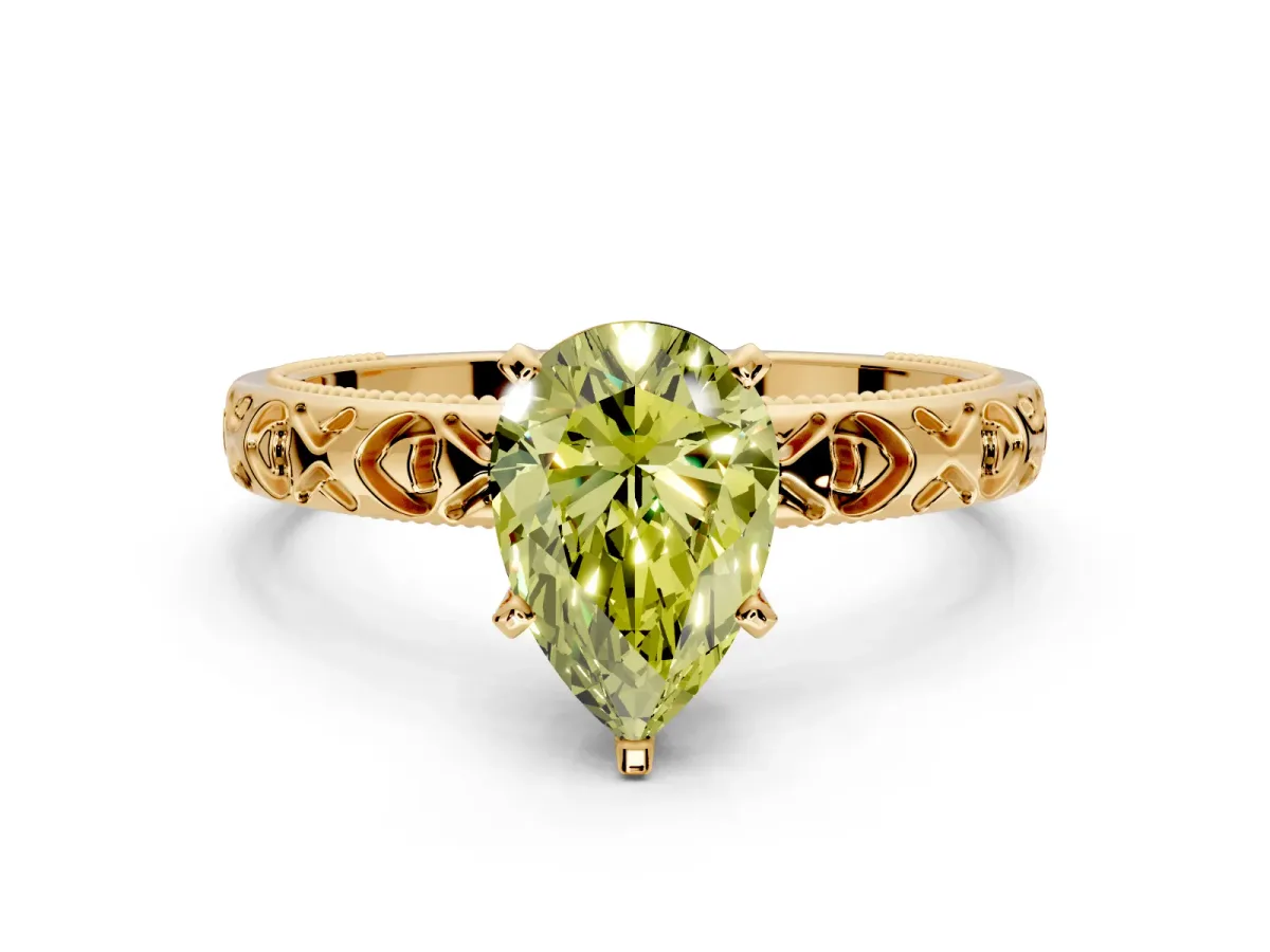 Solitaire Engagement Ring Setting for Fancy Yellow Pear-Shaped Center with XO Engraved Band and Prong Head in Yellow Gold