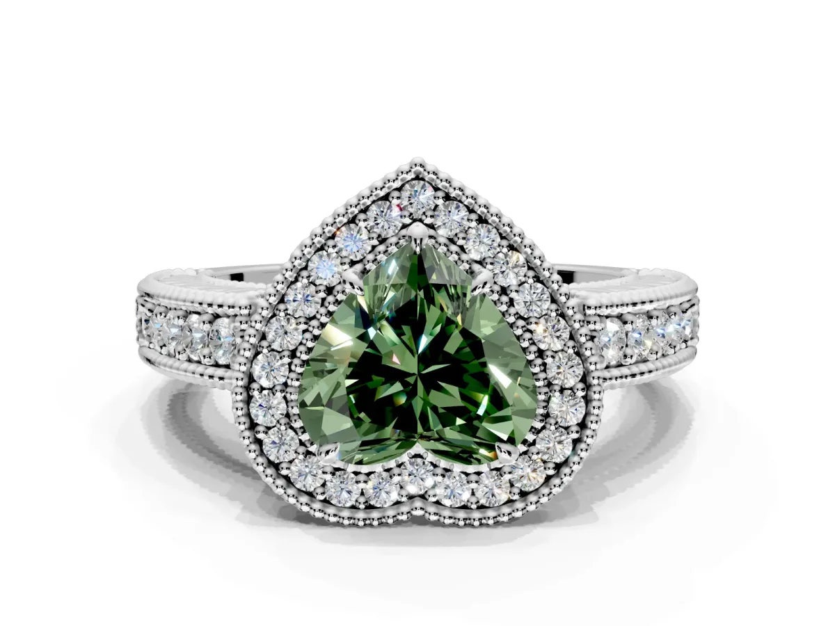 Milgrain Halo Engagement Ring Setting for Fancy Green Heart-Shaped Center with Pave Band and Prong Head in Platinum