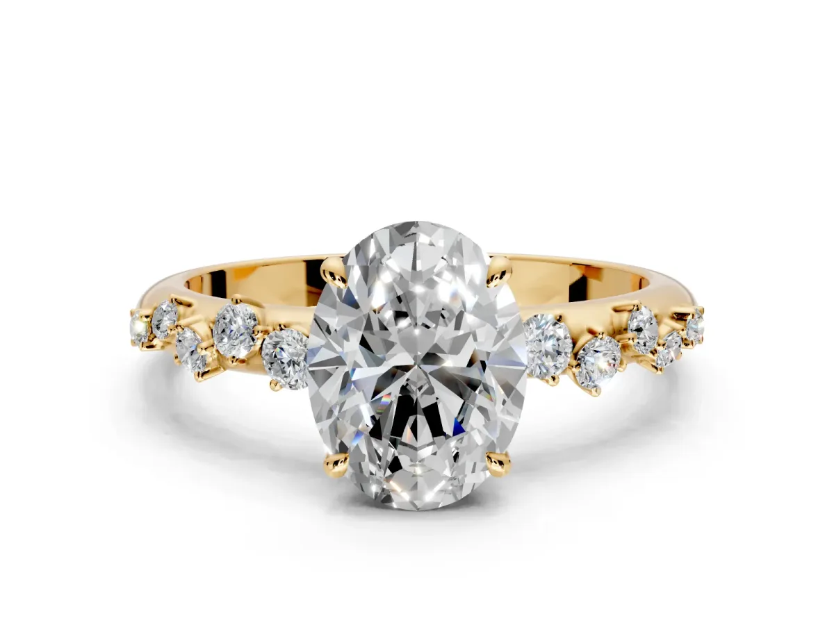 Cluster Engagement Ring Setting for Oval Center with Round Cut Accent Band and Prong Head in Yellow Gold
