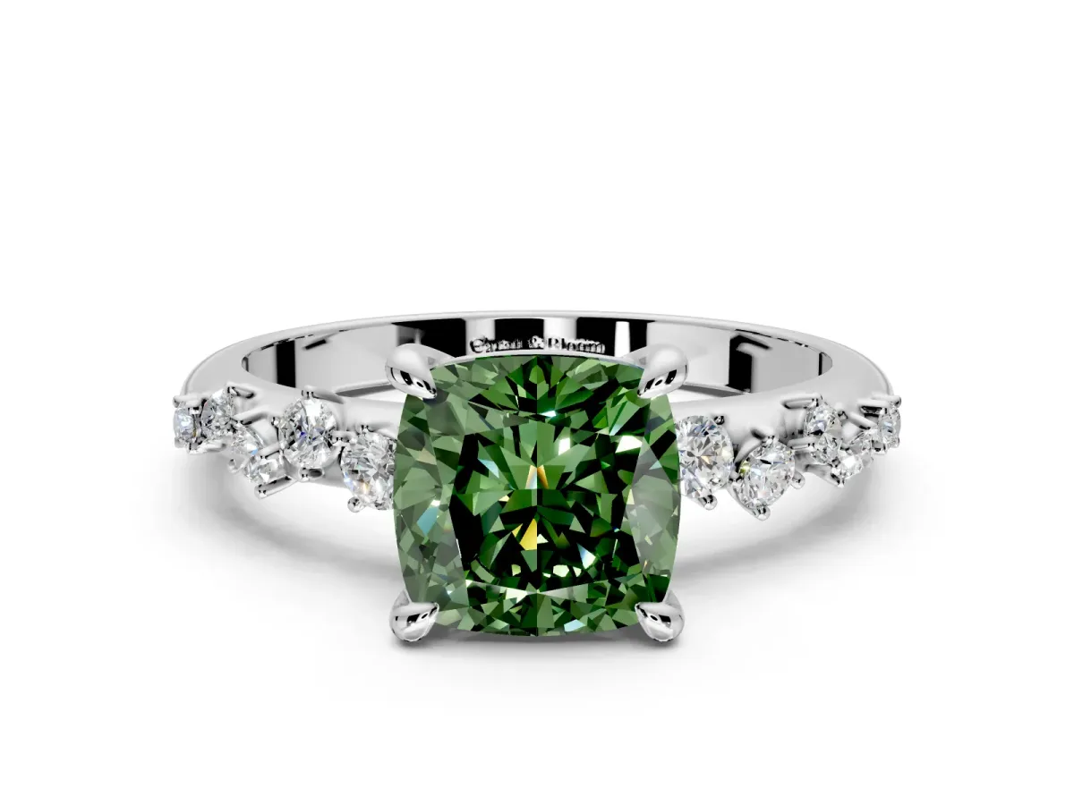 Solitaire Engagement Ring Setting for Fancy Green Cushion Cut Center with Trailing Leaf Accent Band and Prong Head in Sterling Silver