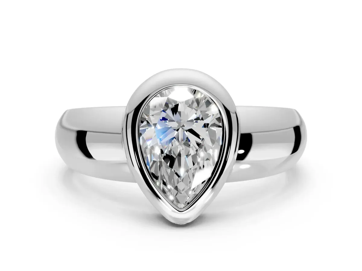 Solitaire Engagement Ring Setting for Pear-Shaped Center with Wide Band and Bezel Head in Sterling Silver