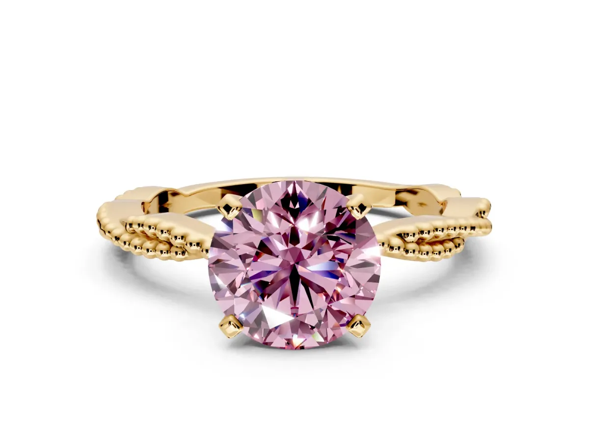 Solitaire Engagement Ring Setting for Fancy Pink Round Cut Center with Twist Band and Bead Prong Head in Yellow Gold