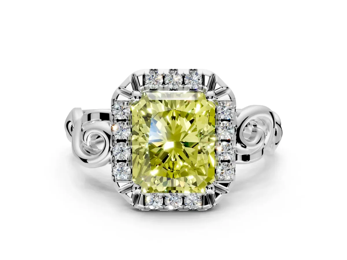 Halo Engagement Ring Setting for Fancy Yellow Radiant Cut Center with Open Scroll Shoulders and Prong Head in Platinum