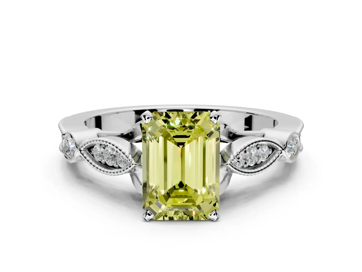 Solitaire Engagement Ring Setting for Fancy Yellow Emerald Cut Center with Marquise and Bezel Accents and Prong Head in White Gold