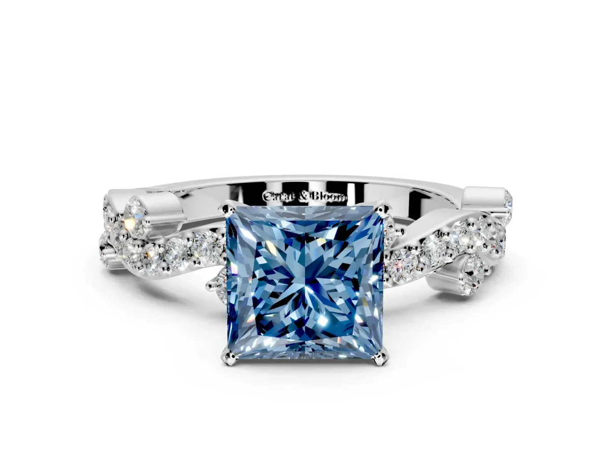 Solitaire Engagement Ring Setting for Fancy Blue Princess Cut Center with Bar-Station Pave Twist and Prong Head in White Gold