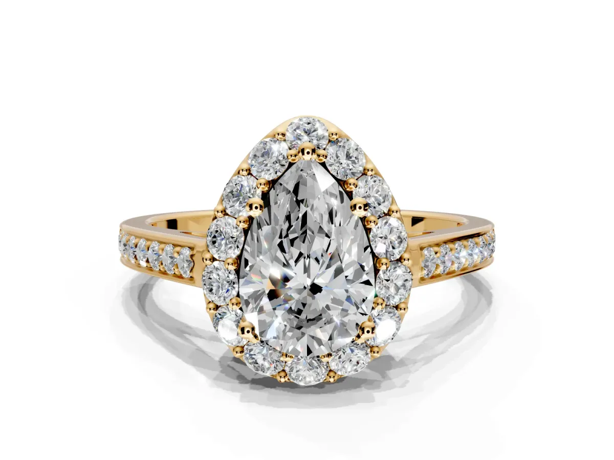 Floral Halo Engagement Ring Setting for Pear-Shaped Center with Large Halo Accents and Prong Head in Yellow Gold