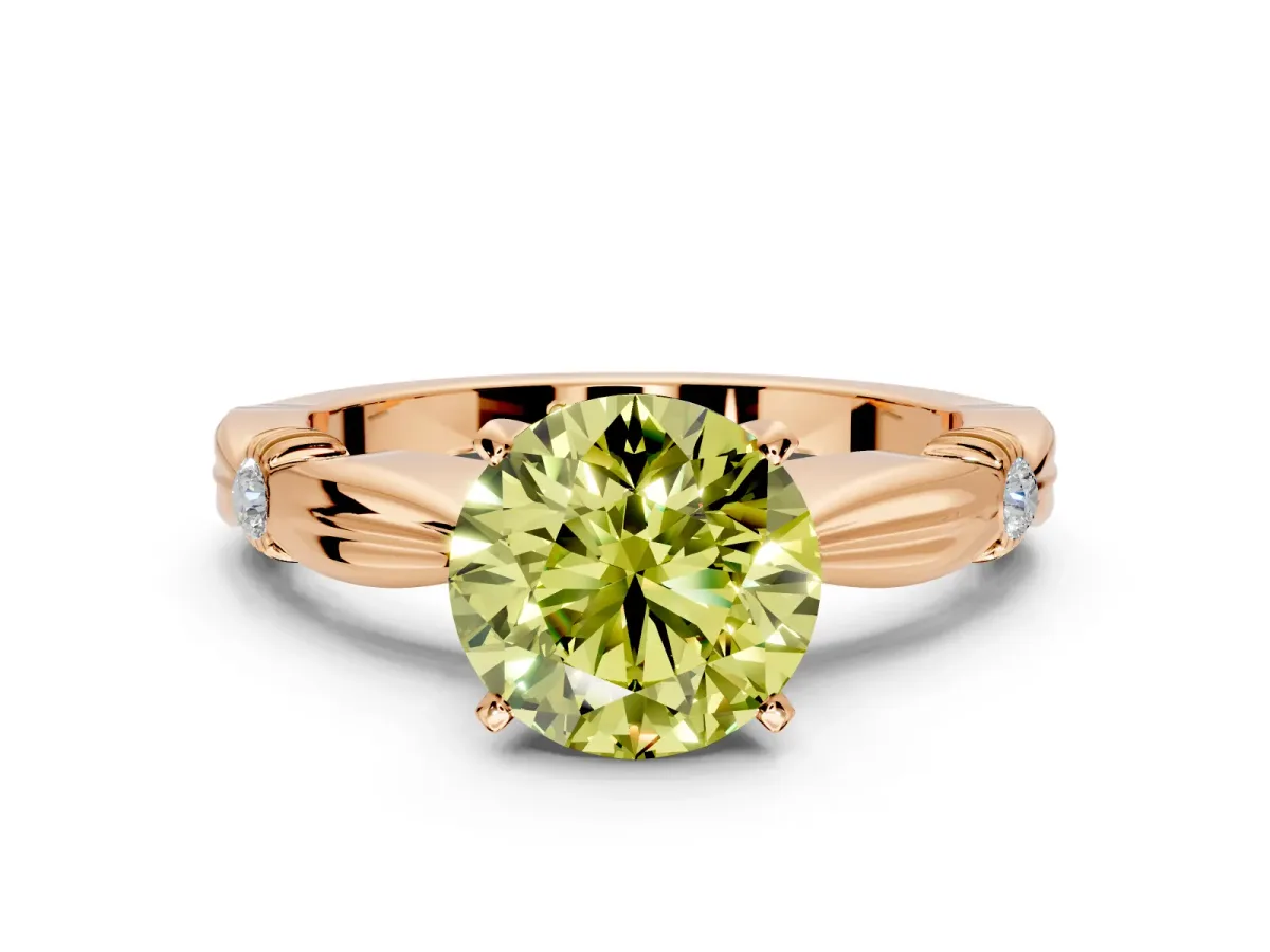 Solitaire Engagement Ring Setting for Fancy Yellow Round Cut Center with Carved Leaf Shoulders and Prong Head in Rose Gold